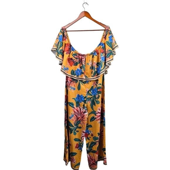 LULUS Honolulu Golden Yellow Floral Print Off-the-Shoulder Jumpsuit Womens Sz L - Picture 8 of 14